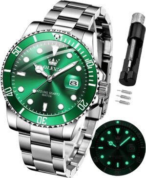 OLEVS Watches for Men Stainless Steel Analog Quartz Chronograph Moon Phase Watch Waterproof Date Luminous Wrist Male Watches,Gift for Men