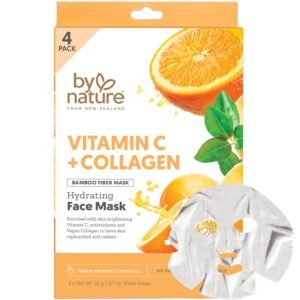 By Nature Hydrating Face Masks with Vitamin C + Collagen, Made From Bamboo Fiber from New Zealand (4 Pack)