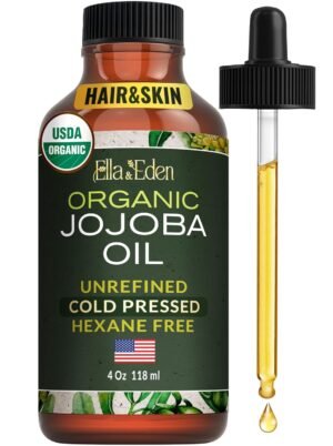Ella & Eden Organic Jojoba Oil for Hair, Skin, Face & Nails | Cold-Pressed & Unrefined, USDA Certified, 100% Pure, Hexane-Free, Glass Bottle – 4 Oz