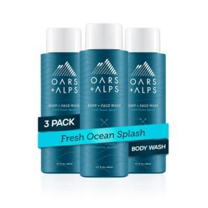 Oars + Alps Men’s Moisturizing Body and Face Wash, Skin Care Infused with Vitamin E and Antioxidants, Sulfate Free, Fresh Ocean Splash, 3 Pack