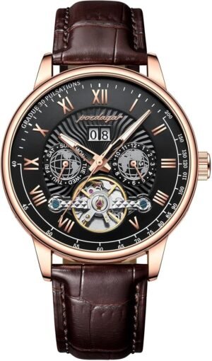 Automatique Mechanical Hollow Watch Luxury Waterproof Date&Week Leather Fashion Men’s Watch Business Male Clock Leisure