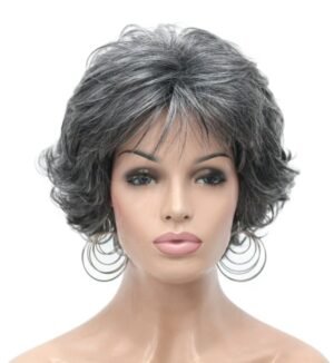 Kalyss 10″ Short Curly Wavy Wig with Bangs for Women Premium Heat Resistant Synthetic Hair Wig (Gray)