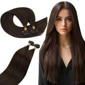 Ugeat 14 Inch Ktip Extensions Human Hair for Short Chocolate Brown U Tip Keratin Bond Hair Extensions Brown Remy Short K Tips Length to Neck #4 50G 50S