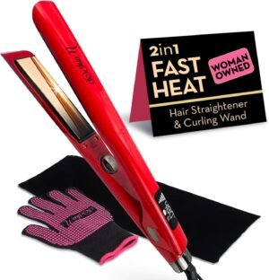 2 in 1 Professional Dual-Voltage Titanium Flat Iron Hair Straightener | up to 480°F | 10s Heat-Up | Straightening Iron & Hair Curling Wand 1.25″ with Ceramic MCH Fast Heat, Auto Shut Off