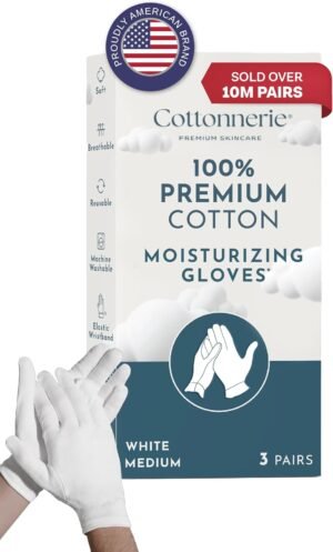 Cottonnerie Cotton Gloves for Dry Hands Sleeping, Moisturizing Gloves Overnight, Hand Moisturizer Gloves, Moisture Gloves for Dry Hands Overnight, Sleeping Gloves, Eczema Gloves, Medium 3 Pair