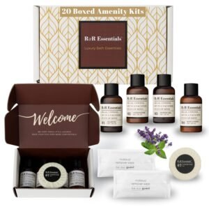 20 Display Ready Boxed Amenity Kits with Premium Hotel Toiletry Essentials – 1.5 oz Shampoo, Conditioner, Shower Gel, Lotion, 1.2 oz Guest Soap & 2 Makeup Remover Wipes – Air bnb & Vacation Rentals