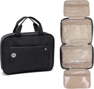 Pink Marine Travel Hanging Toiletry Bag for Women and Men, Luxury Cosmetics and Makeup Organizer with Full-Size Pockets, Waterproof Exterior, Hands-Free Hook, (Black, Large)