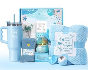 Birthday Gifts for Women Self Care Gifts Get Well Soon Gifts, Ocean Relaxing Spa Gifts Basket Care Package w/ Flannel Blanket 40 OZ Tumbler, Mothers Day Gifts for Mom Her Wife Girlfriends Sister Wife