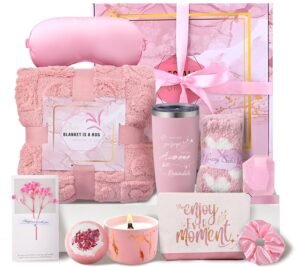 Birthday Gifts for Women Pink Relaxing Spa Gift Baskets Self Care Gift Get Well Soon Gifts Set, Mothers Day Gifts for Mom, w/ Luxury Blanket INSPEAUTY