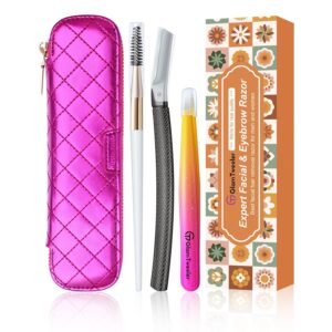 Women’s Dermaplane Face & Eyebrow Razor Kit with GlamTweeler Slant Tweezers, Spoolie Brush, and Luxury Leather Storage & Travel Case + 10 Refill Blades (Black)