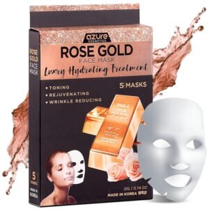 Rose Gold Korean Facial Sheet Mask By Azure – Protects Against Sun & Outdoor Pollutants | Restores Natural Elasticity | Removes Dirt and Toxins For Clear Looking Skin – 5 PK