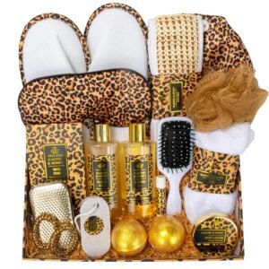 Bath Gift Set for Women, XXL 20 Pcs Skin Care Set Leopard, Slef Care Gifts Set , Mother’s Day, Valentine, Birthday, Christmas, Home Spa Kits with Shower Gel, Body Lotion, Shower Cap, Manicure Set