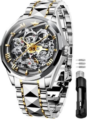 OUPINKE Men’s Skeleton Mechanical Watches Luxury Dress Automatic Self Winding Sapphire Crystal Waterproof Tungsten Steel Band Wrist Watches
