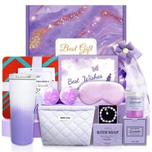 Birthday Gifts for Women, Relaxing Spa Gifts Basket Care Package w/ Luxury Pashmina Shawls Blanket, Self Care Gifts Get Well Soon Gifts for Mom Wife Grandma Friend Sister (Purple)