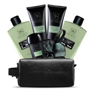 Mens Luxury Bath and Body Gift Set For Him – Skin Care Kit in Eucalyptus and Mint – Fathers Day Birthday Christmas Gifts Ideas For Men – 7Pcs Set w. Full Size Items in Leather Toiletry Bag