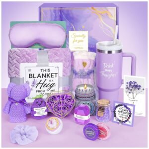 Birthday Gifts for Women Self Care Gifts Get Well Soon Gifts, Lavender Relaxing Spa Gifts Basket Care Package w/ Flannel Blanket 40 oz Tumbler, Unique Mothers Day Gifts for Mom Her Friend Sister Wife