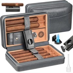 TISFA Cigar Humidor Case Leather Cedar Wood Lined Cigar Box with Cigar Lighter, V Cutter, Holder Stand 3 in 1, Hygrometer Humidifier 2 in 1, Travel Humidor Cigar Case Hold 6 Cigars (Textured Gray)