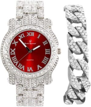 Charles Raymond Bling-ed Out Silver Round Luxury Mens Watch w/Bling-ed Out Bracelet – L0504B