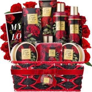 Anniversary Gifts for Women – Exotic Rose Gift Basket for Women, Spa Bath and Body Gift Set, Mom Gifts for Her, Birthday Gift with Body Scrub, Bubble Bath, Lotion & More