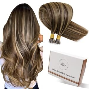 Hetto Nano Ring Hair Extensions Brown Mixed Caramel Blonde Highlights Nano Bead Hair Extensions Human Hair 16 Inch 50g