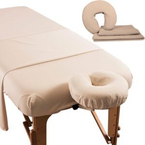 Premium Microfiber 3 Piece Massage Sheet Set by NRG – Includes Massage Table Flat Sheet, Fitted Sheet and Face Rest Cover – 100% Double Brushed Polyester, Soft as Silk – 120 GSM – Color: Natural
