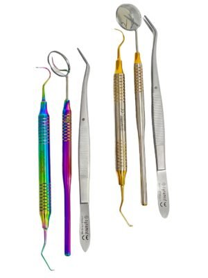 ArTLaB-Premium German 3 Instruments Basic Dental Set- Mirror Explorer College Cotton Plier Hollow Handle -Dental Instruments set of 3 (Gold and Rainbow Set of 6)