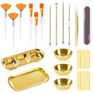29 Pcs Esthetician Supplies 6 Blackhead Remover Tools 3 Stainless Steel Gold Mixing Bowls 3 Compartment Serving Tray Gold Small Serving Tray 3 Facial Fan Brushes 3 Face Mask Brush 12 Facial Sponges