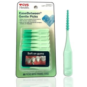 CVS Health 80pc Premium Quality Soft Bristle EaseBetween Gentle Picks Flexible Rubber Bristles Safe On Braces Bridges Crowns Implants – Includes Convenient Travel Case