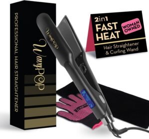 2 in 1 Professional Dual-Voltage Titanium Flat Iron Hair Straightener | up to 480°F | 10s Heat-Up | Straightening Iron & Hair Curling Wand 1.75″ with Ceramic MCH Fast Heat, Auto Shut Off