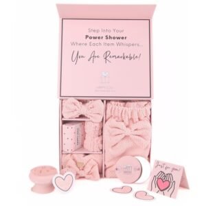 Happy Lolli Power Shower Gift Set – College Essential Bath Accessories for Women and Teen Girls – Includes Body Towel, Hair Towel, Wrist Bands, Headband, Face Sponge and More (Fresh in Pink)