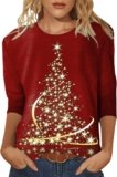 Christmas Sweatshirts for Women 3/4 Length Sleeve Crewneck Christmas Trees Print Pullover Blouse Gifts Tunic Tshirt