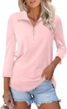 Women’s 3/4 Sleeve Tops V Neck T Shirts Zipper Collared Polo Shirts