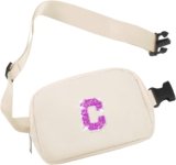 COSHAYSOO Small Waist Fanny Pack Belt Bag with Initial Letter Patch Adjustable Strap for Women Teen Girl Running Sports Walking, Mini Cross Body Travel Purse Fashion Cute Preppy Pouch Ivory (C)