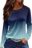 Women Long Sleeve Henley Shirts 2024 Long Sleeve Tunic Tops Pleated Crew Neck Shirts Blouses Casual Loose T-Shirts