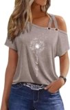 Womens 2024 Summer Trendy Cold Shoulder Short Sleeve T Shirts Criss Cross Casual Loose Tunic Tops Blouse Shirts