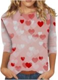 Women’s Shirts for Valentine’s Day Valentines 3/4 Sleeve Crewneck with Love Heart Top Valentines Day Tops for Women