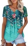 ONLYSHE Womens Summer Short Sleeve Shirts V Neck Tops Casual Tunic Floral Ruffle Blouse
