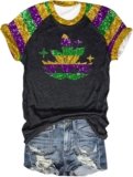 Mardi Gras Shirts for Women 2025 Casual Long Sleeve Sequin Sparkly Printed Crewneck Sweatshirts Pullover Tops