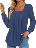 Funlingo 2024 Women’s Long Sleeve Tops Dressy Pleated Square Neck Tunic Blouses Casual Loose Shirts