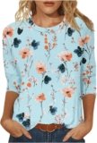 3/4 Length Sleeve Womens Tops Round Neck Cute Tunic Vintage Boho Floral Print T Shirt Loose Basic Tees Blouses