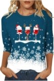 2024 Christmas Shirts for Women Casual Red Wine Glass Graphic Tees Trendy 3/4 Sleeve Tops Xmas