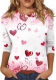 Valentine’s Day Women’s Blouses Casual Round Neck 3/4 Sleeve Heart Print Shirt Valentines Day Outfit Women Plus Size