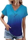 TWGONE Short Sleeve Shirts for Women Spring Dressy Casual Loose Fit Tops V Neck Button Decor Tunic Tops