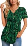 CATHY Womens Short Sleeve Tunic Tops Henley Shirt V Neck Button Up Blouse Casual Pleated Basic Pullover