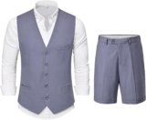 YND 2-Piece Men’s Linen Waistcoat Shorts, Lightweight Vest Pants, Casual Wedding Beach Summer Prom Homecoming Outfit