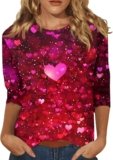 Valentine Shirts for Women Casual Round Neck 3/4 Sleeve Heart Print Shirt Valentine’s Day Heart Fan
