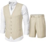 MY’S Men’s 2-Piece Linen Vest Pants, Lightweight Waistcoat Shorts, Casual Beach Summer Wedding Prom Homecoming Outfit