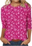 Valentines Day Shirts for Women Love Heart Graphic Tees 3/4 Length Sleeve Crewneck Pullovers Cute 3d Print Tunic Tops