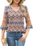 Rapbin 3/4 Length Sleeve Womens Tops Summer Lace Ruffles Sleeve T Shirts V-Neck Dressy Casual Trendy Tunic Blouses