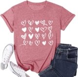 Valentine’s Day T Shirts for Women Cute Heart Print Graphic Tees Casual Short Sleeve Top